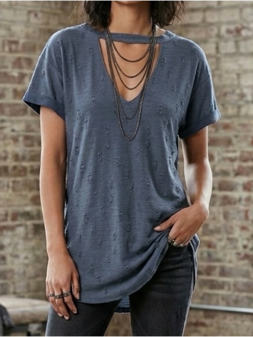 Urban Rebel Distressed Choker V-Neck Tunic Top Slate Blue Gray Size L Grunge